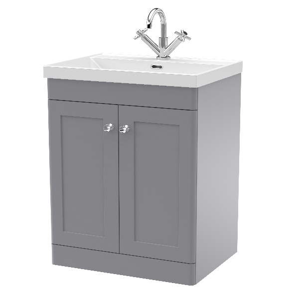 Nuie Classique Floor Standing 2 - Door Vanity With Basin - 1 Tap Hole 600Mm x 600Mm - Satin Grey Traditional